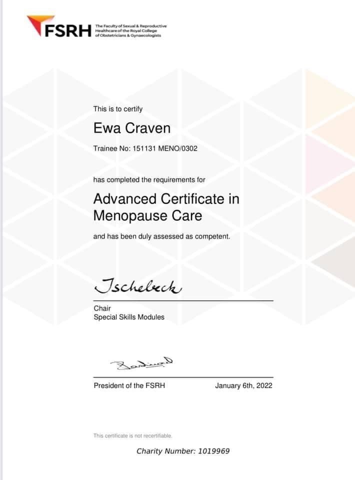 Advanced Menopause certificate